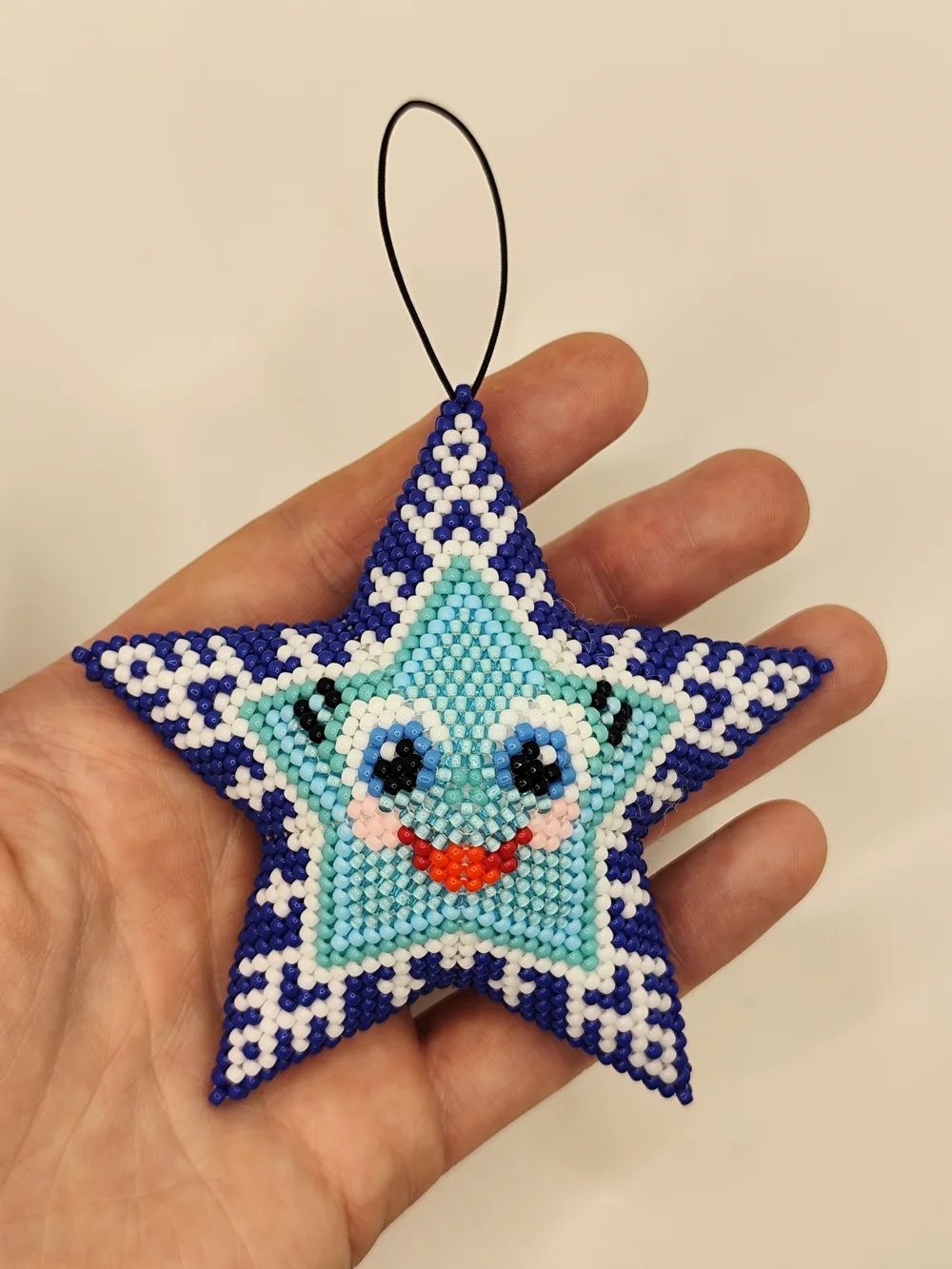Handmade Blue Star Beaded Holiday Ornament - Smiling Face